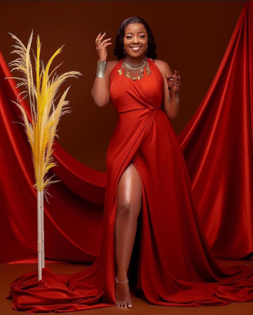 Jackie Matubia looking elegant and sexy in a red gown. Photo: Instagram