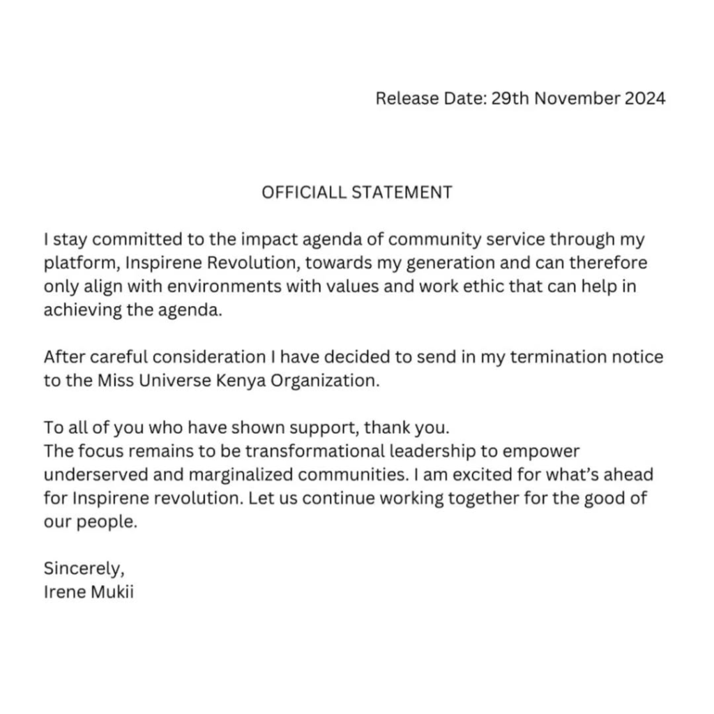 Reigning Miss Universe Kenya 2024, Irene Ng'endo Mukii, submitted her termination notice to the organization. Photo: Irene Ng'endo/Instagram