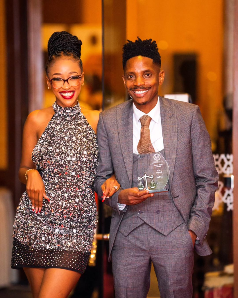 Eric Omondi all smiles with his wife Lynne Njiru after receiving the Humanitarian of the Year Award during the Peace Awards Gala, Photo: Eric Omondi/Instagram