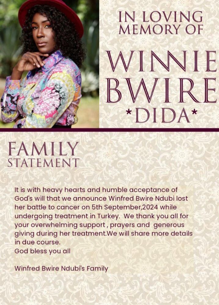 Official family statement by Winnie Bwire's family. Photo: Instagram