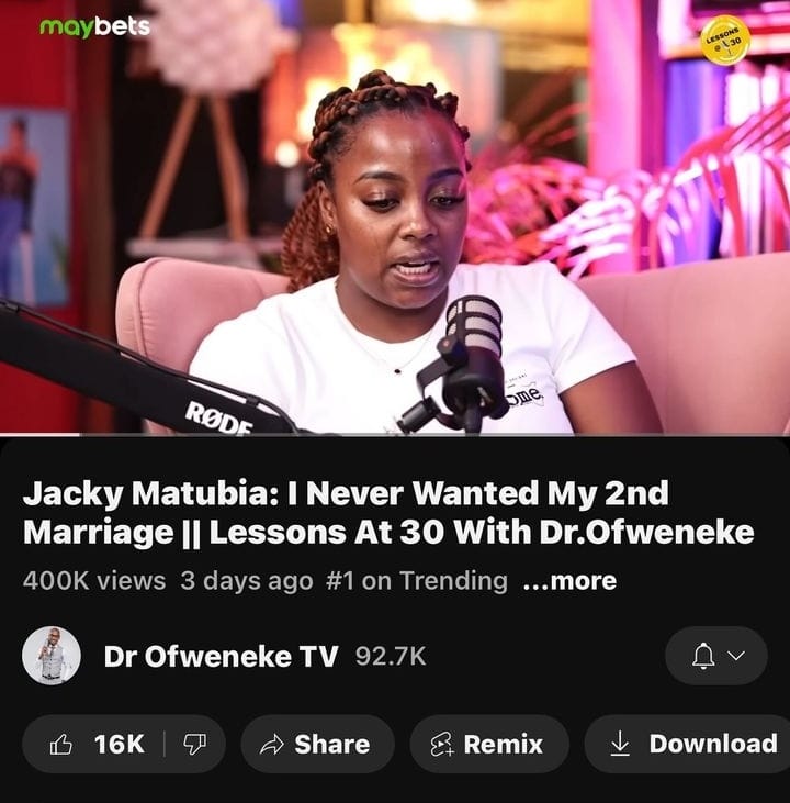 Jackie Matubia poured her heart out on Dr. Ofweneke's podcast and allowed herself to be vulnerable leaving fans admiring her more. Screengrab:
Dr. Ofweneke