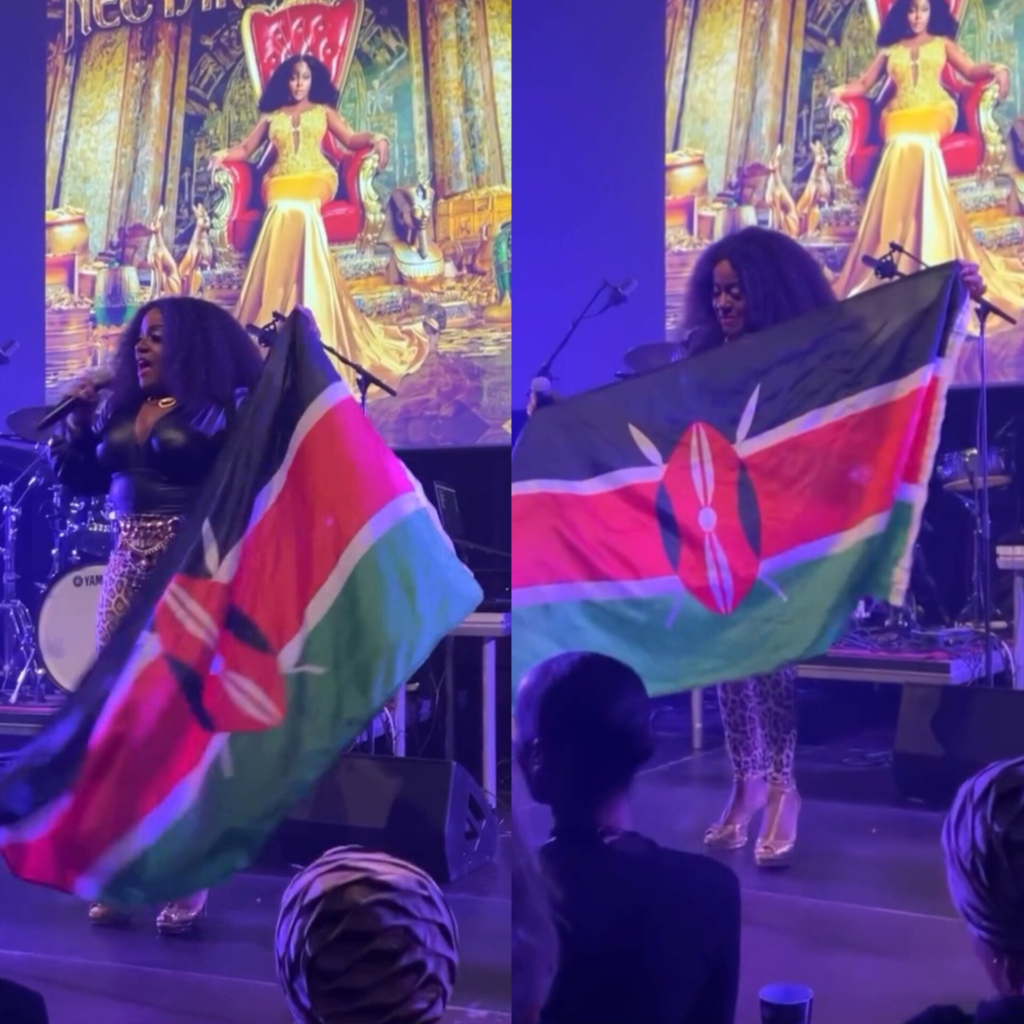 Jamaican reggae artiste Etana showing off the Kenyan flag while performing in the Netherlands. Photo: X