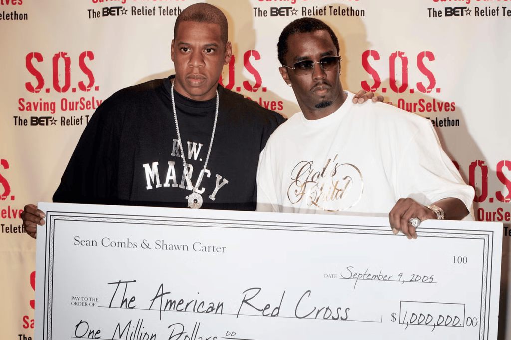 Jay-Z and Diddy unite to donate $1 million to the American Red Cross during a 2005 telethon, extending critical support to Hurricane Katrina victims. Photo: Getty Images