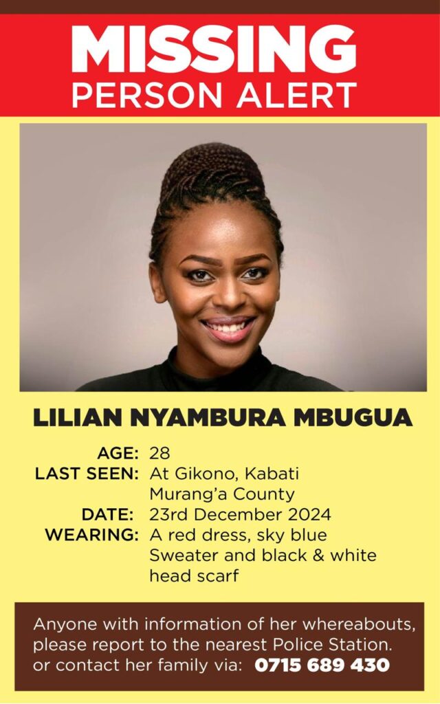 Lilian Nyambura Mbugua had been reported missing but glad the family can now breath a sigh of relied after she has been found alive. Photo: Courtesy