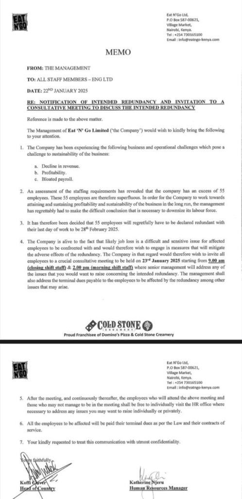 Eat N’ Go Limited, the parent company of Domino’s Pizza and Cold Stone released a memo. Photo: X