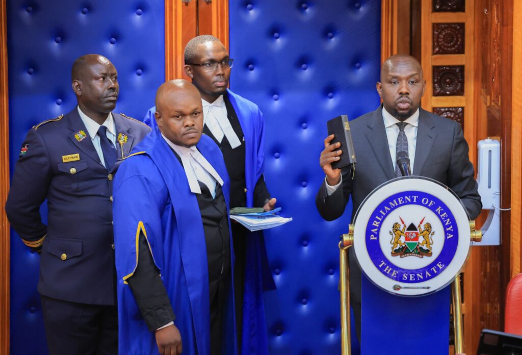 Interior CS Kipchumba Murkomen, put under an oath to tell the truth, the whole truth and nothing but the truth before the Senate. Photo: Facebook/ Kipchumba Murkomen
