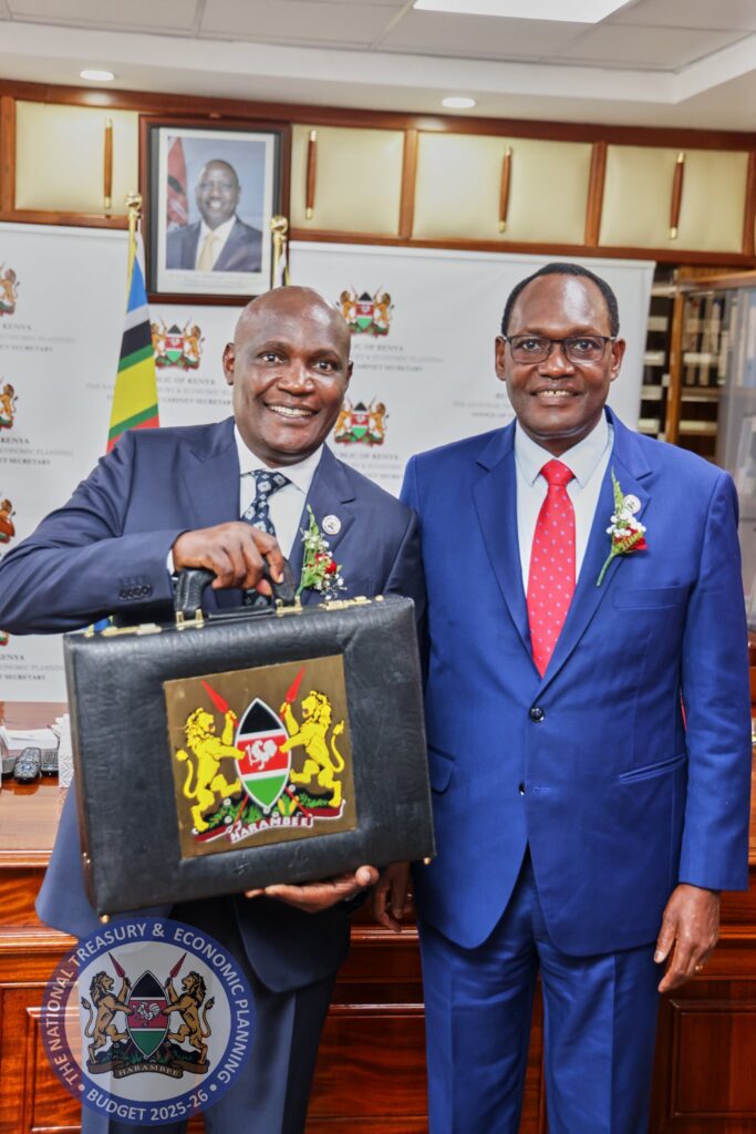 Treasury CS John Mbadi poses with the PS of the National Treasury Dr. Chris Kiptoo at the Treasury Building ready to present the Budget 2025/26. Photo: X