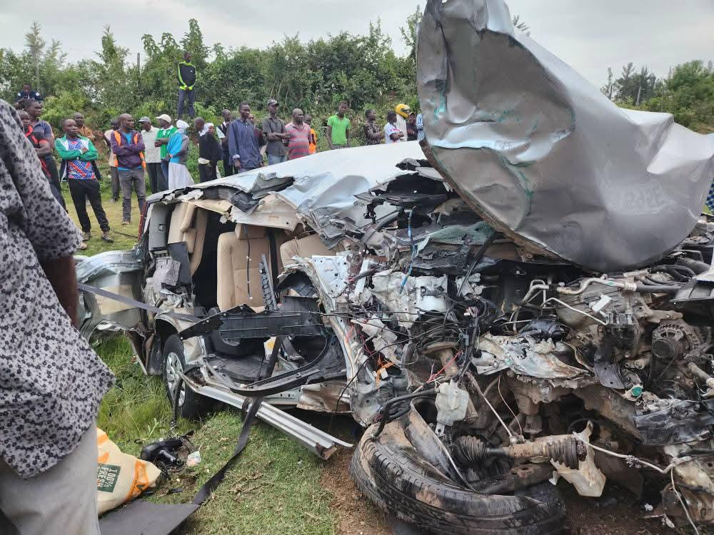 The wreckage of Bishop Gilbert Deya's car following the deadly crash along the Kisumu-Siaya Road on 17th June, 2025. Photo: Online