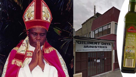 A collage of Bishop Gilbert Deya, his ministry and extra virgin oil that he used to perform miracle babies with. Photo: Online