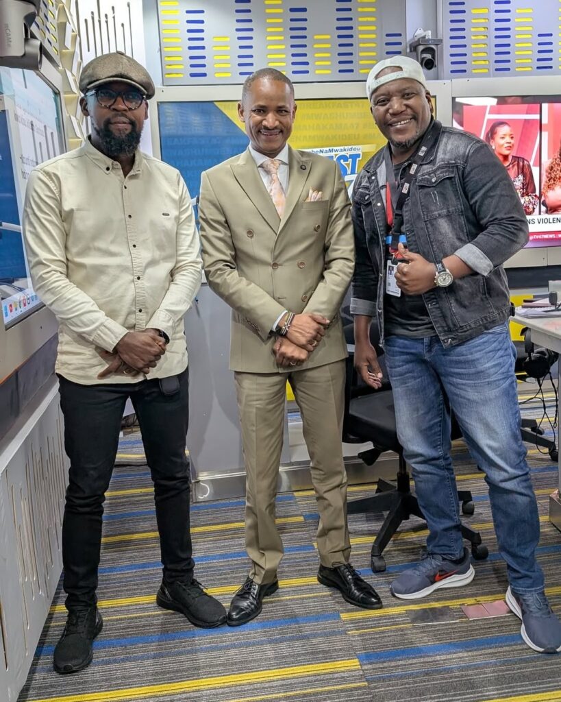 Alex Mwakideu, Embakasi East MP Babu Owino and Emmanuel Mwashumbe at Radio 47 studios. Photo: Instagram